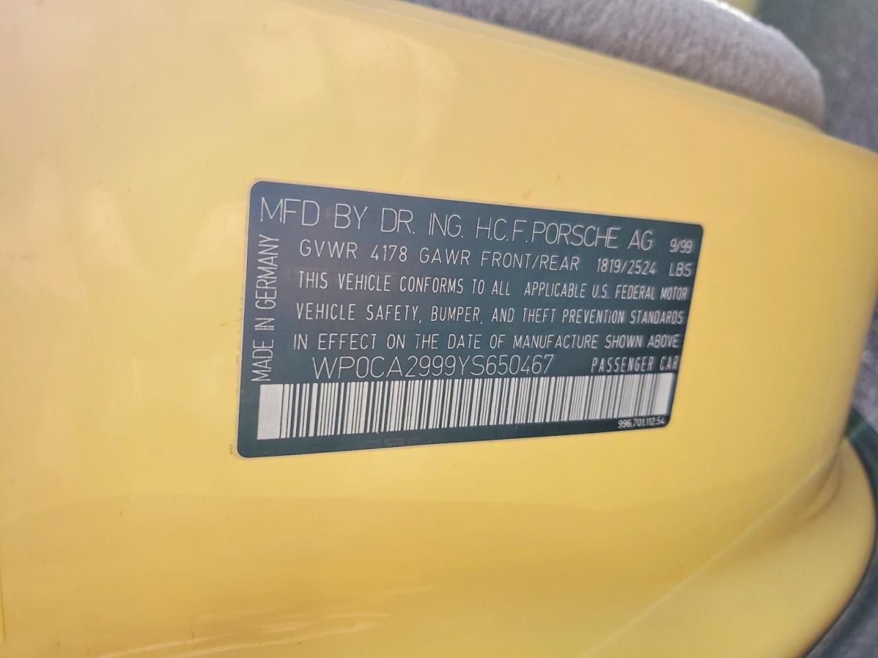 2000 Porsche 911 Carrera 2 Yellow vin: WP0CA2999YS650467