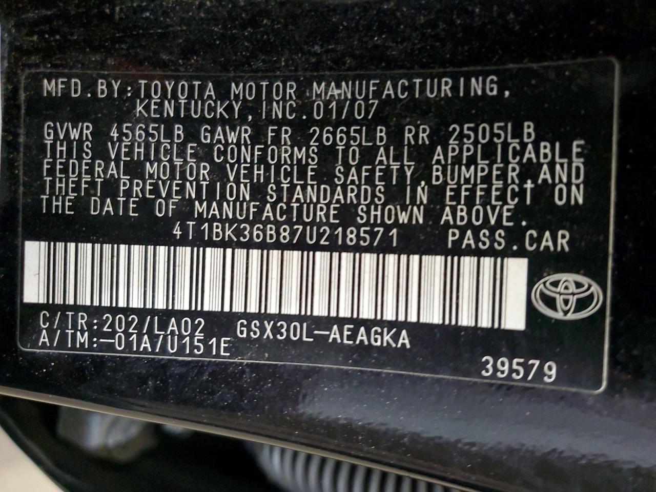 2007 Toyota Avalon Xls Black vin: 4T1BK36B87U218571