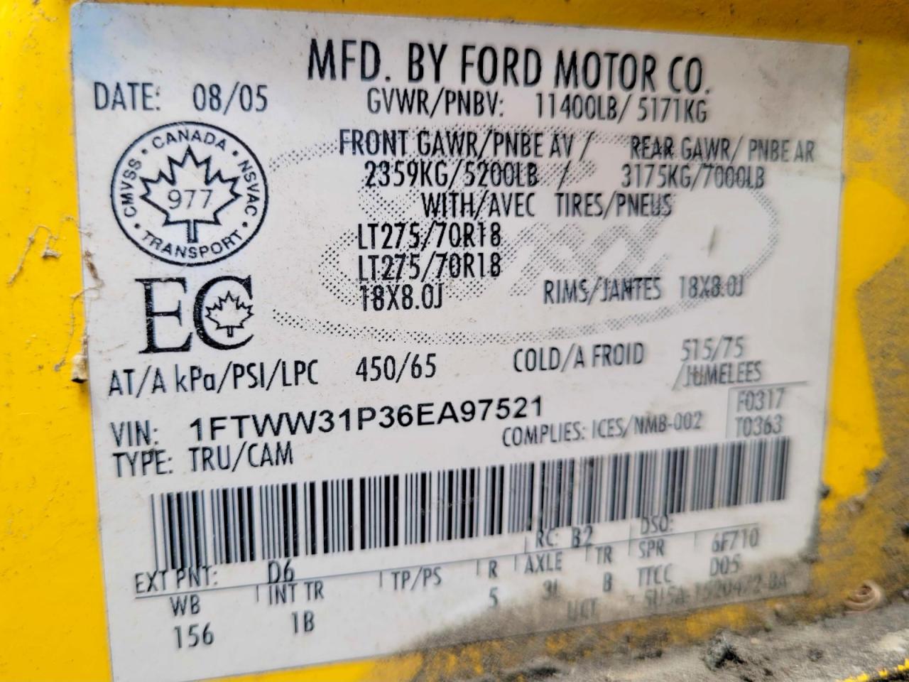 2006 Ford F350 Srw Super Duty Yellow vin: 1FTWW31P36EA97521