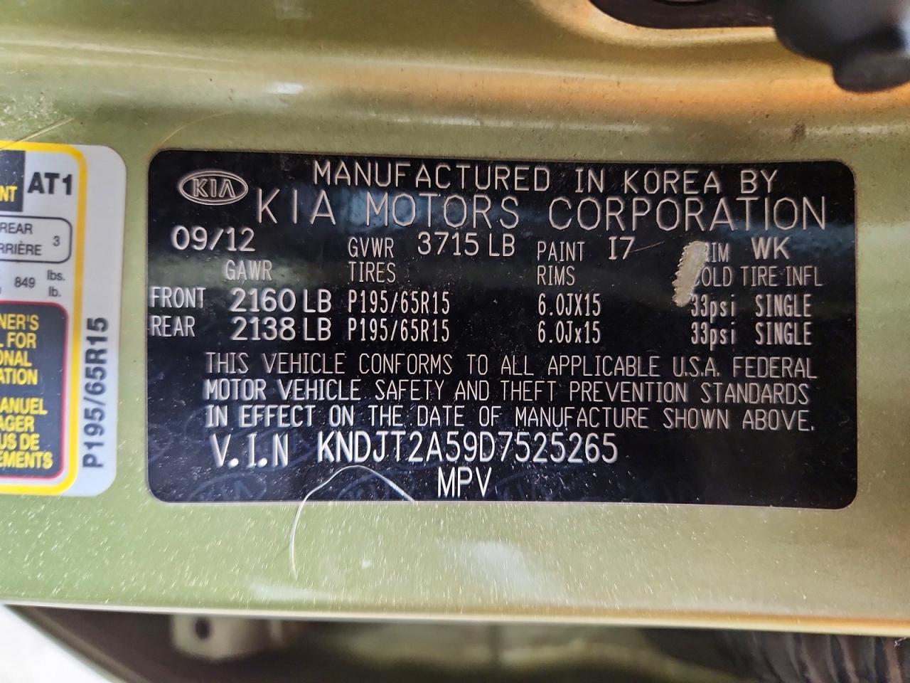 2013 Kia Soul Base Green vin: KNDJT2A59D7525265