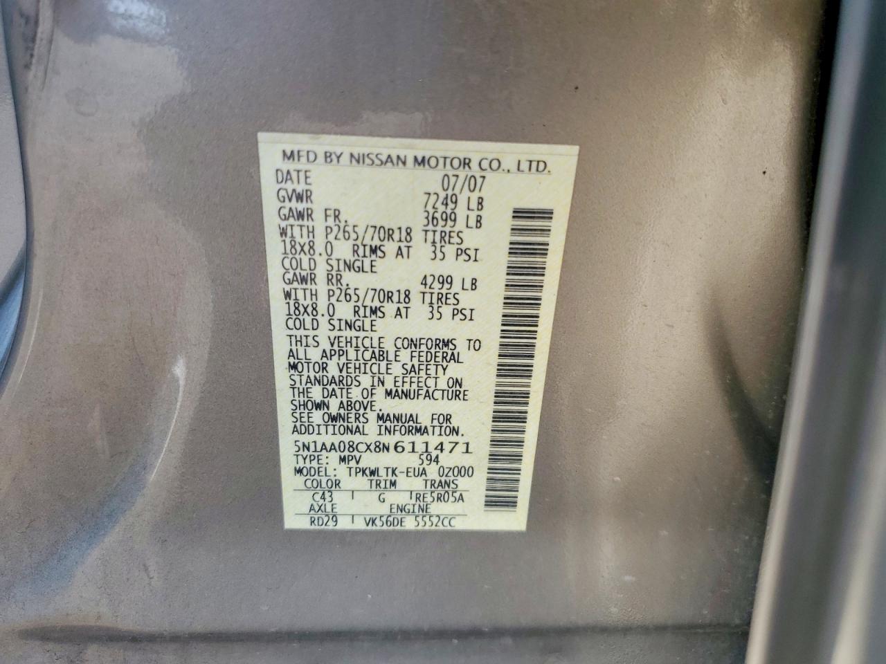 2008 Nissan Armada Se Gray vin: 5N1AA08CX8N611471