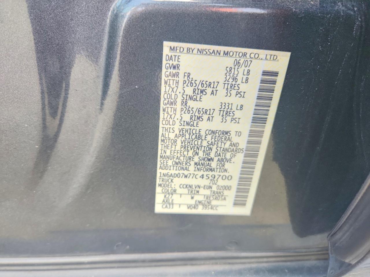2007 Nissan Frontier Se Gray vin: 1N6AD07W77C459700