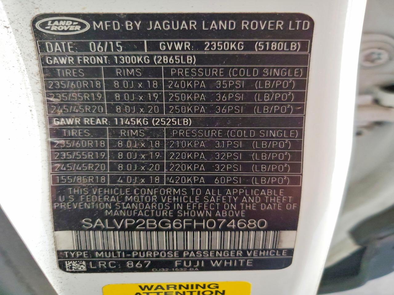 2015 Land Rover Range Rover Evoque Pure Plus White vin: SALVP2BG6FH074680