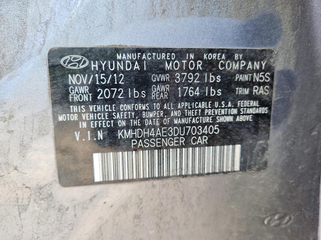 2013 Hyundai Elantra Limited Gray vin: KMHDH4AE3DU703405