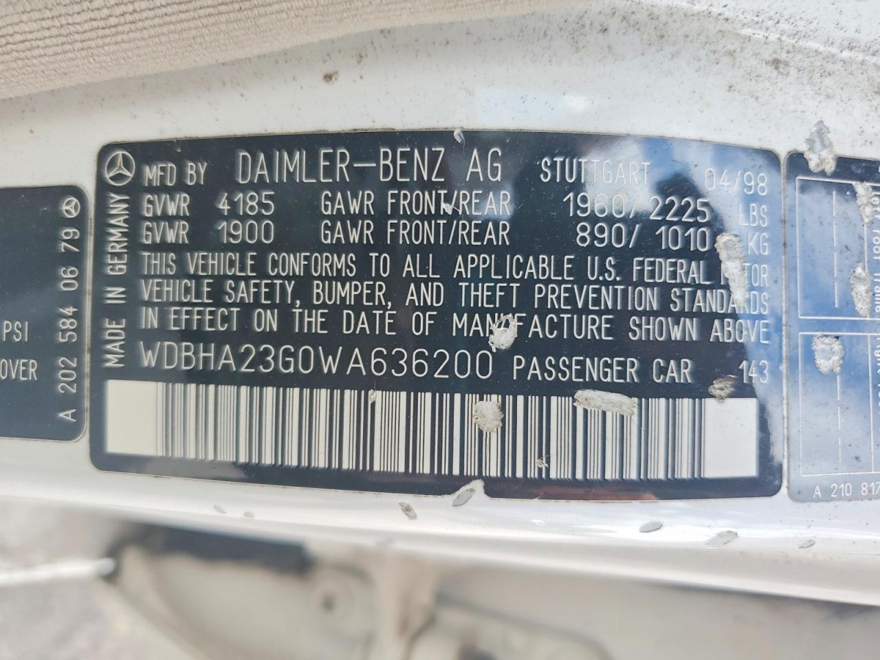 1998 Mercedes-benz C 230 White vin: WDBHA23G0WA636200