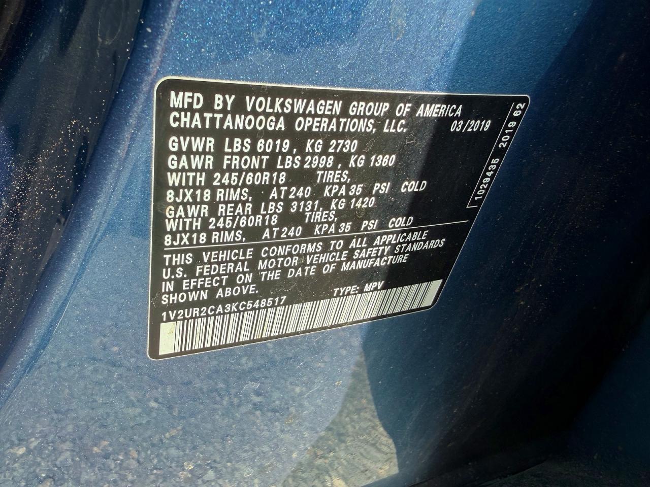 2019 Volkswagen Atlas Se Blue vin: 1V2UR2CA3KC548517