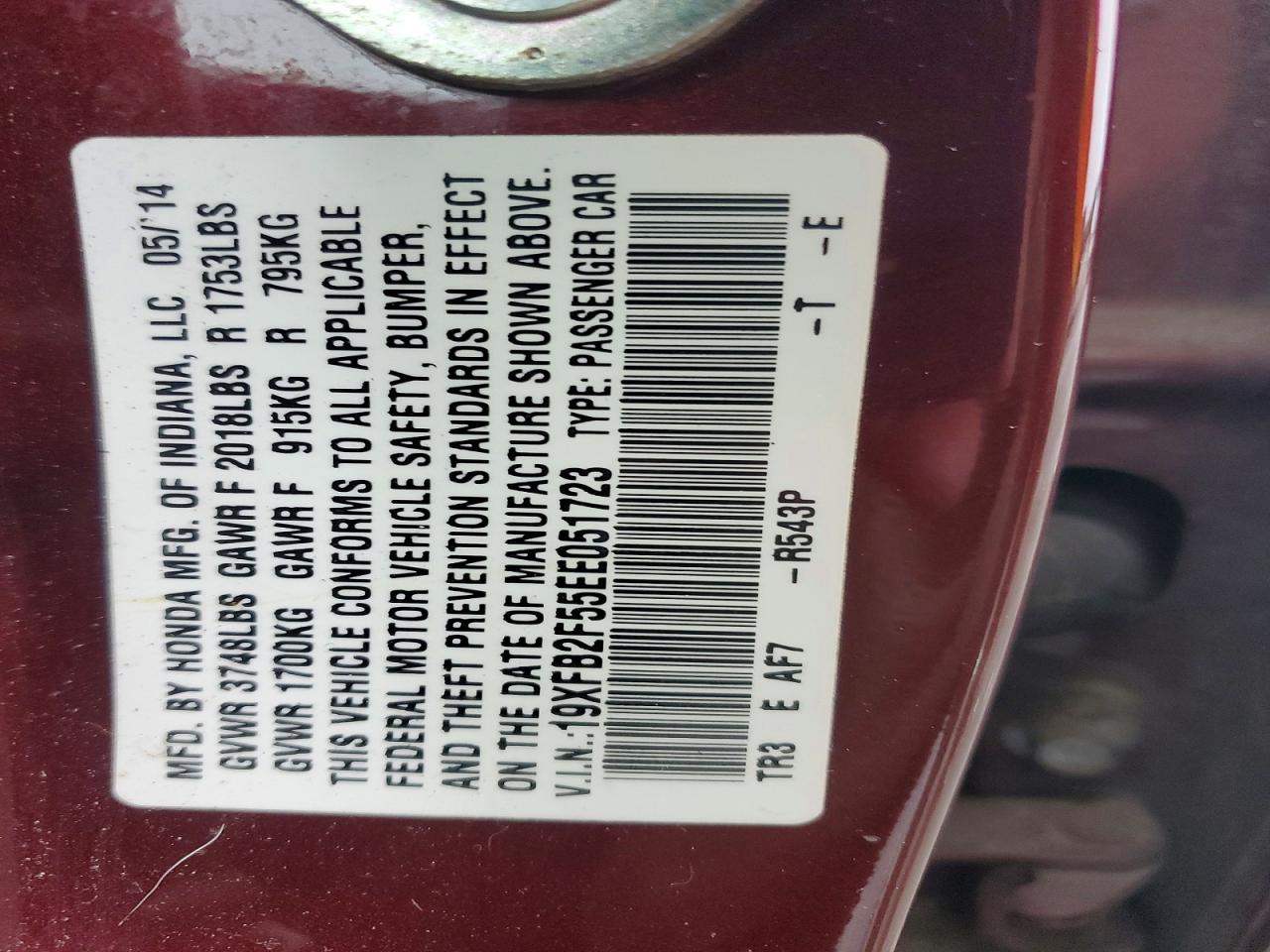 2014 Honda Civic Lx Burgundy vin: 19XFB2F55EE051723