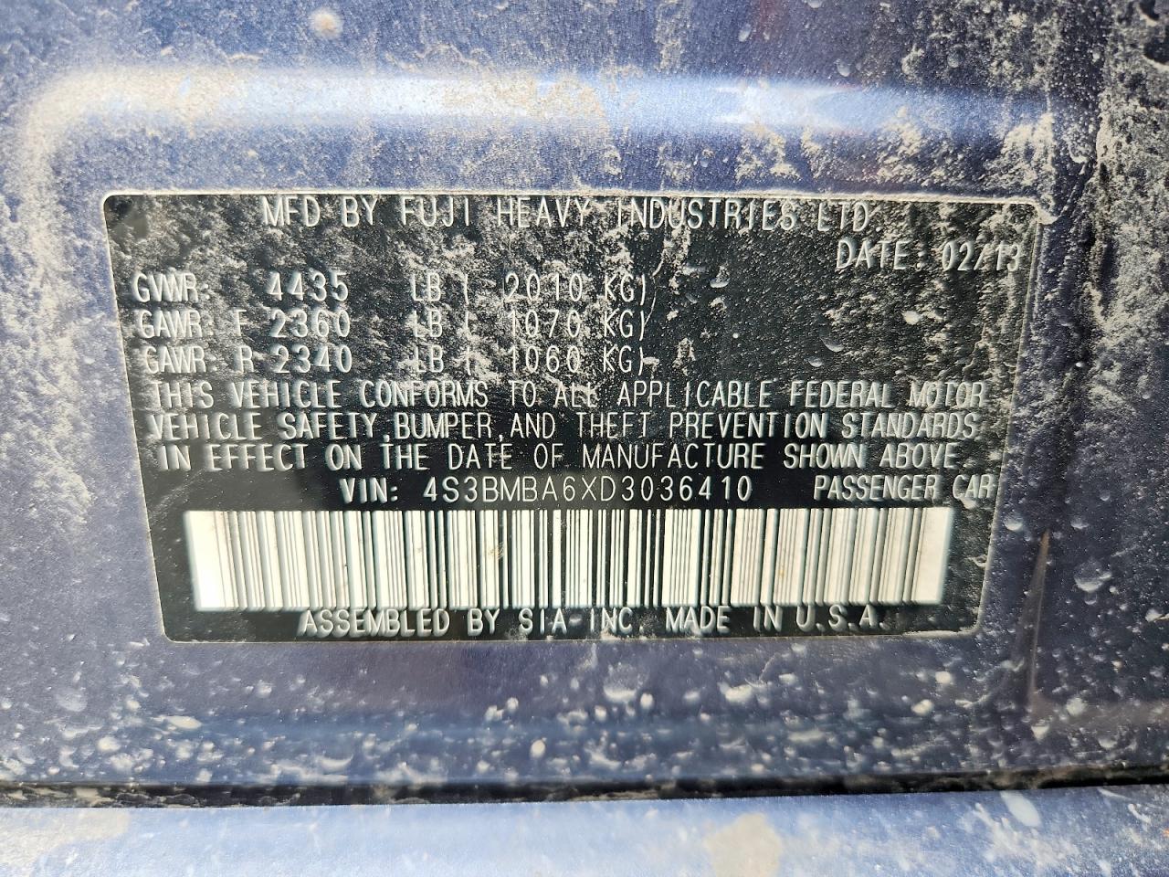 2013 Subaru Legacy 2.5i Blue vin: 4S3BMBA6XD3036410