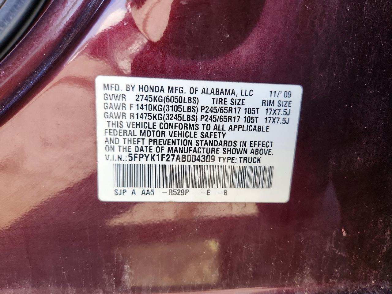 2010 Honda Ridgeline Rt Maroon vin: 5FPYK1F27AB004309