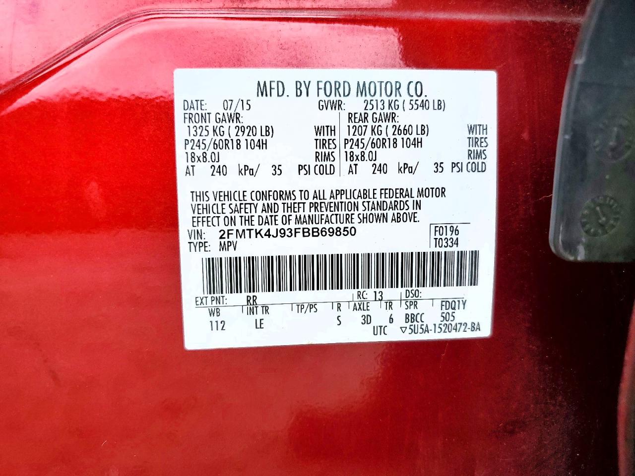 2015 Ford Edge Sel Red vin: 2FMTK4J93FBB69850