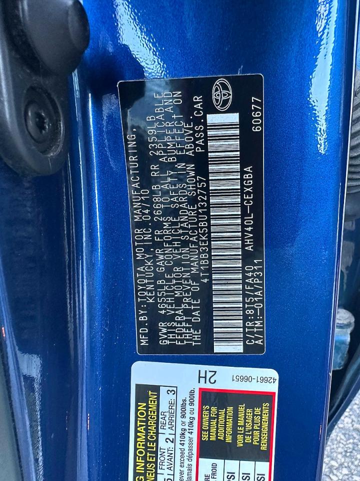 2011 Toyota Camry Hybrid Blue vin: 4T1BB3EK5BU132757