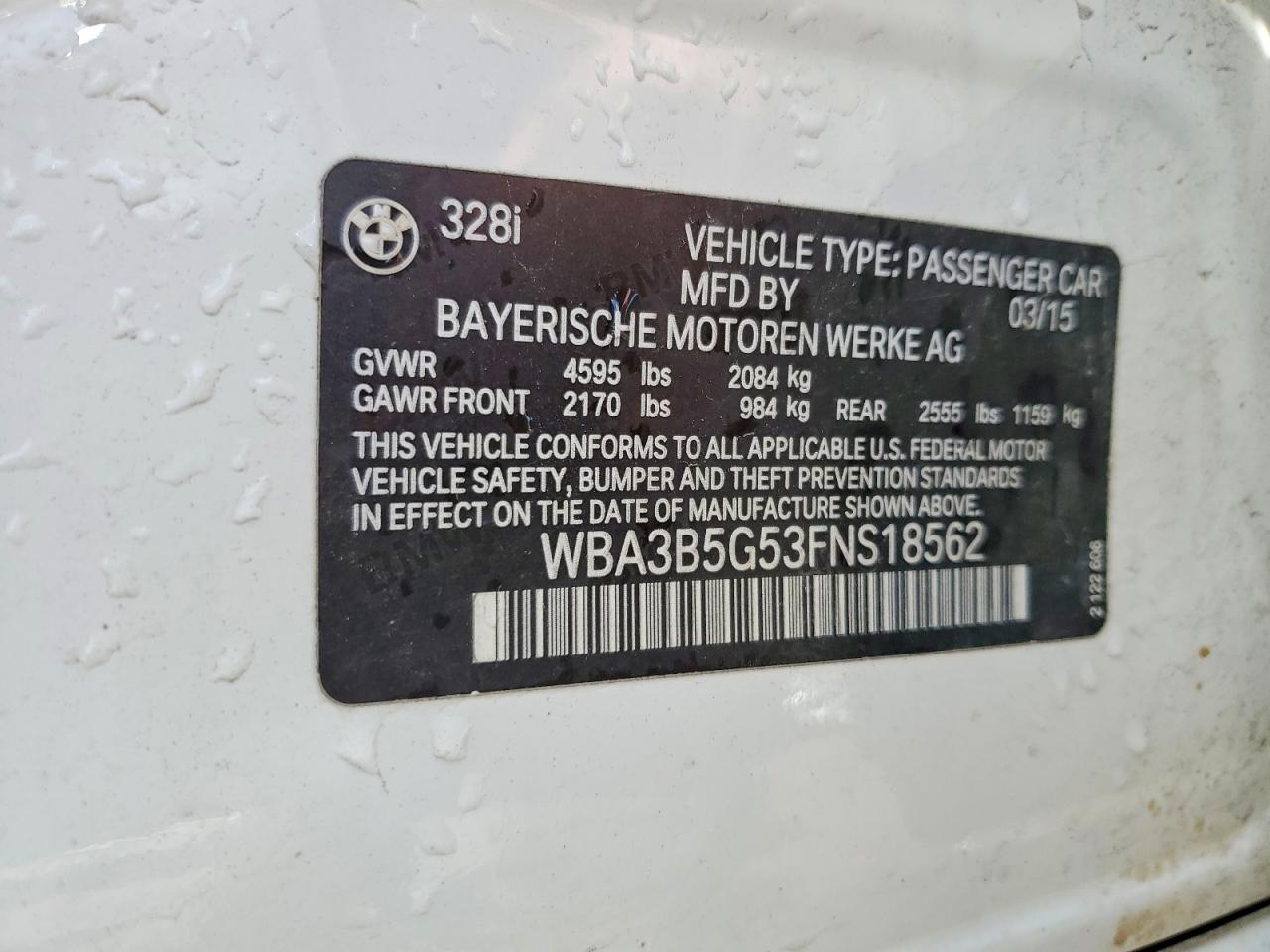 2015 Bmw 328 Xi Sulev White vin: WBA3B5G53FNS18562