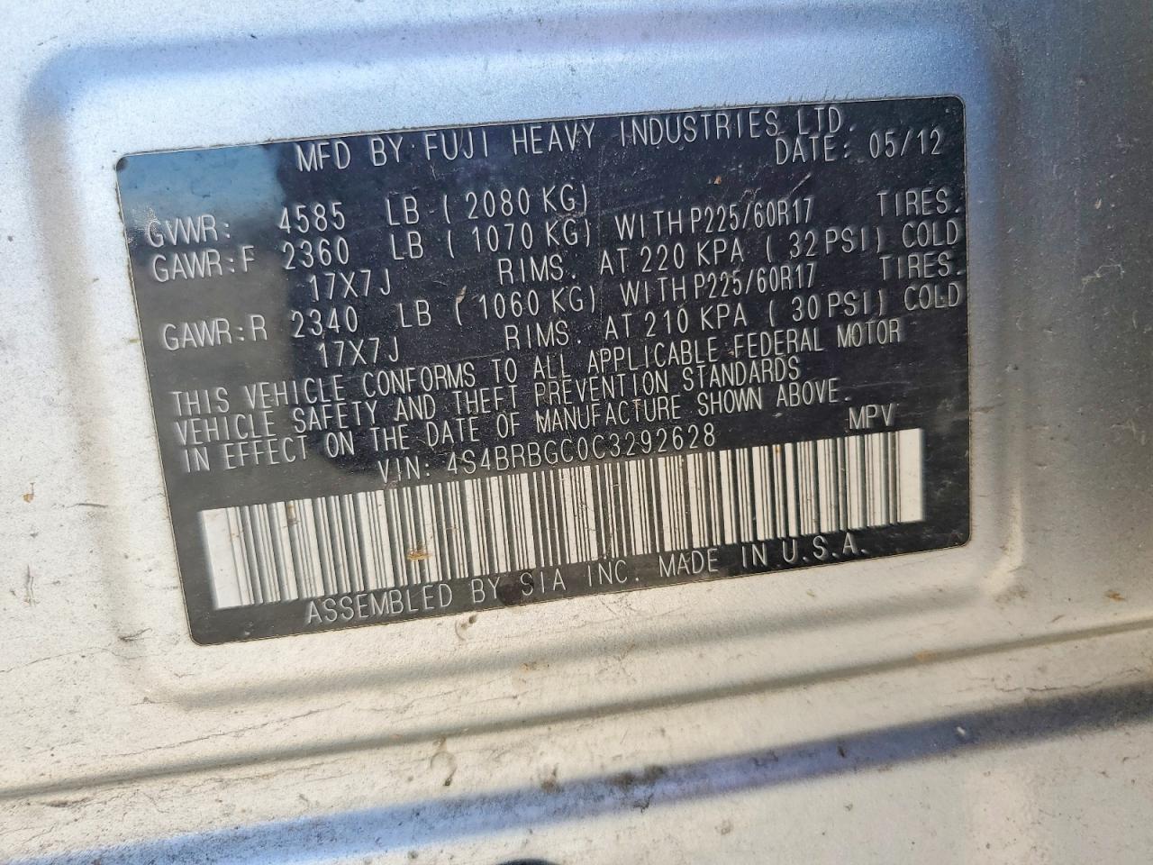 2012 Subaru Outback 2.5i Premium Silver vin: 4S4BRBGC0C3292628