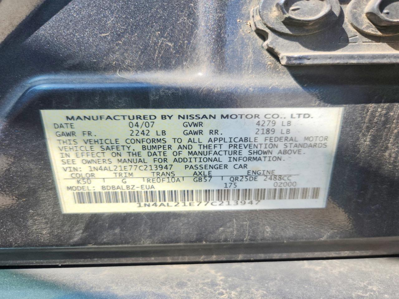 2007 Nissan Altima 2.5 Gray vin: 1N4AL21E77C213947