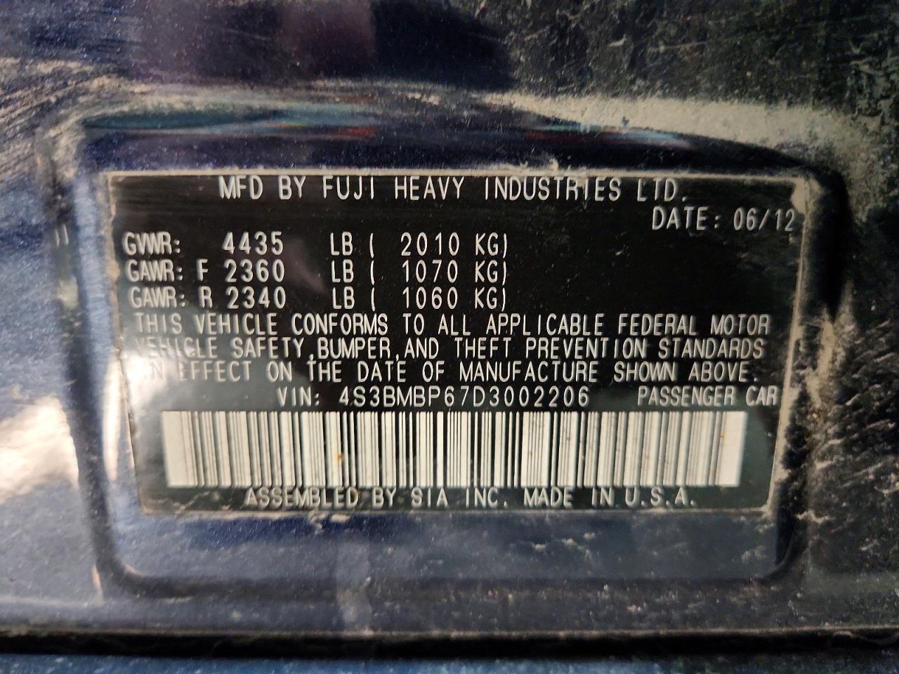 2013 Subaru Legacy 2.5i Limited Blue vin: 4S3BMBP67D3002206