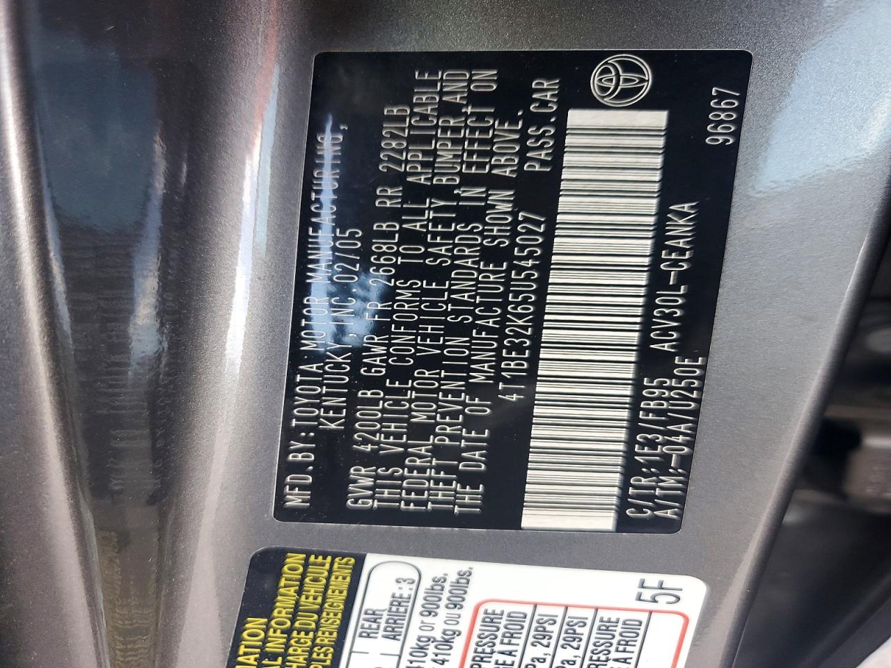 2005 Toyota Camry Le Gray vin: 4T1BE32K65U545027