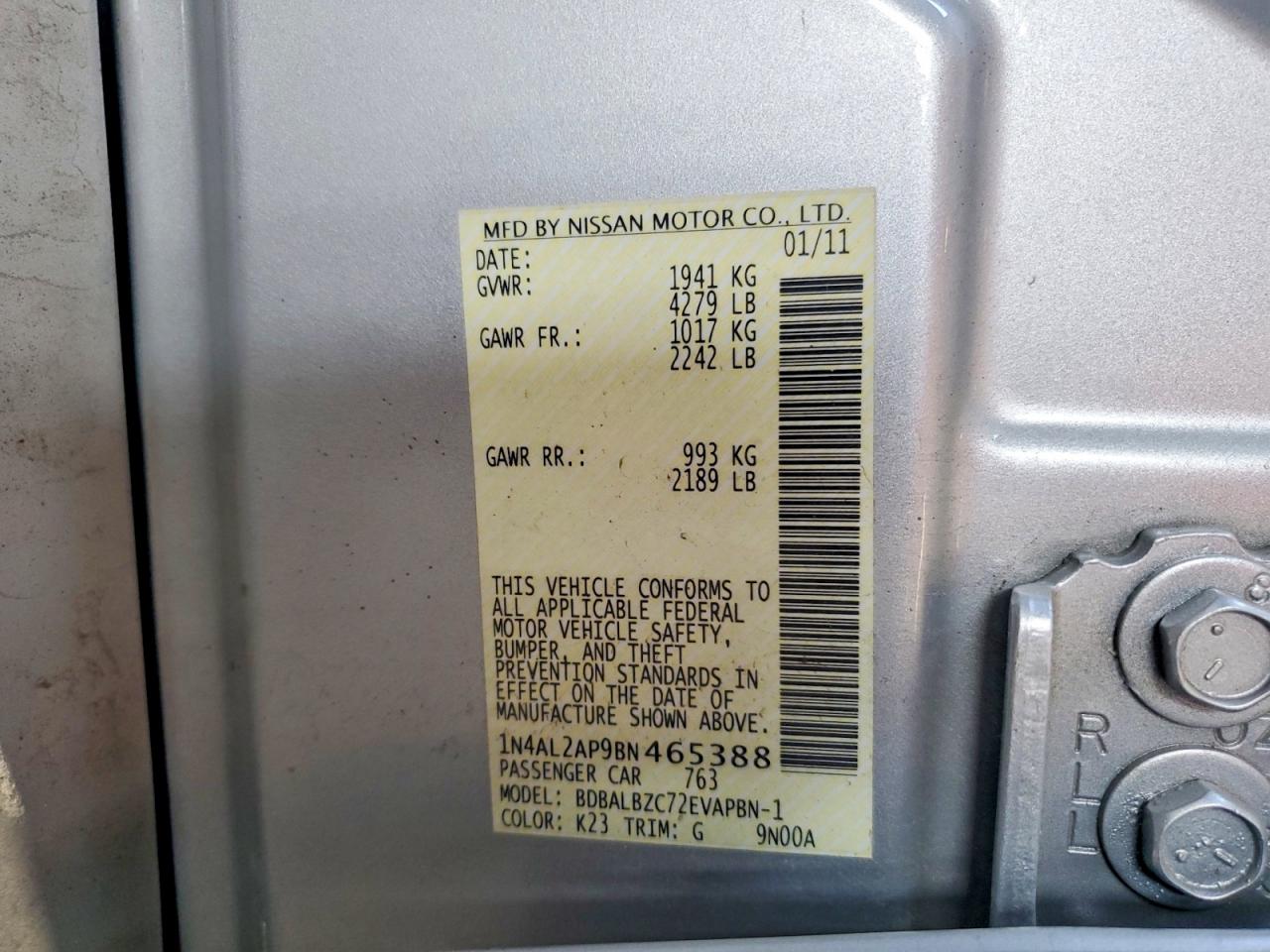 2011 Nissan Altima 2.5 Silver vin: 1N4AL2AP9BN465388