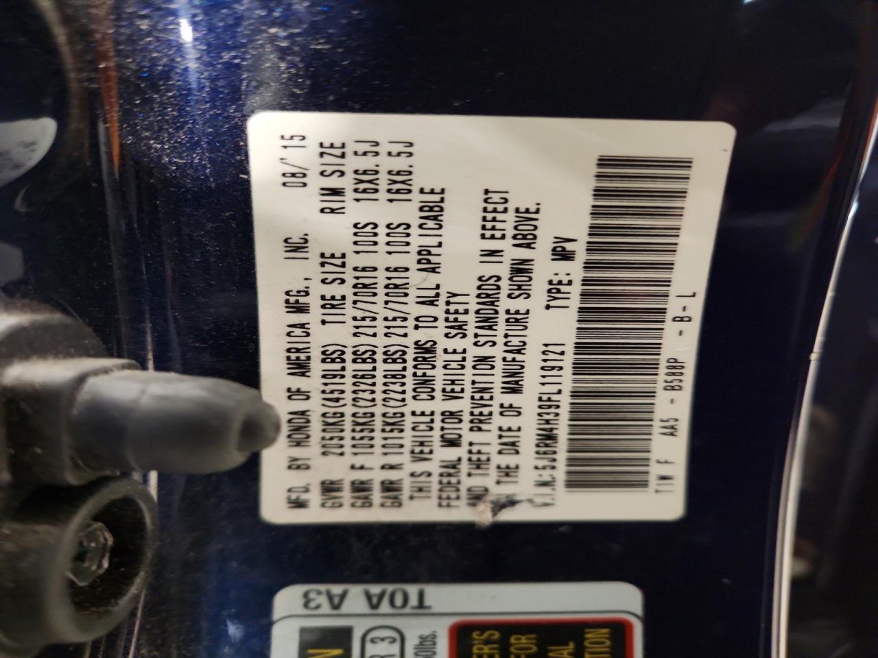 2015 Honda Cr-v Lx Blue vin: 5J6RM4H39FL119121