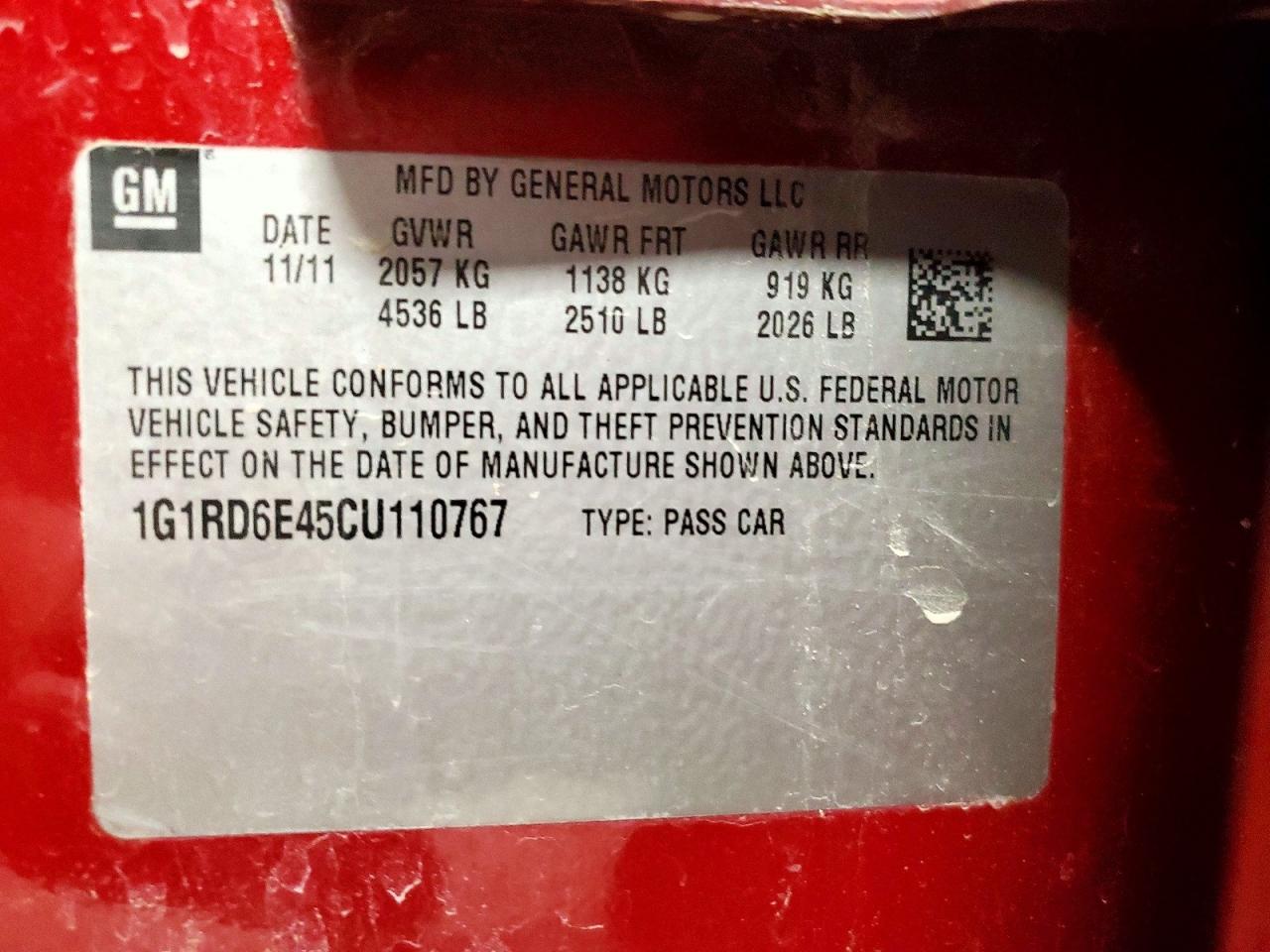 2012 Chevrolet Volt Красный vin: 1G1RD6E45CU110767