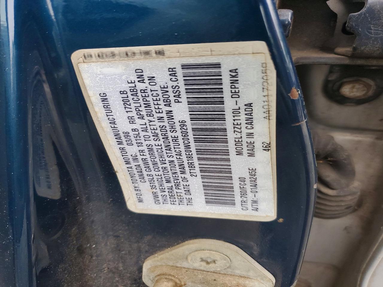 1998 Toyota Corolla Ve Blue vin: 2T1BR18E0WC060296
