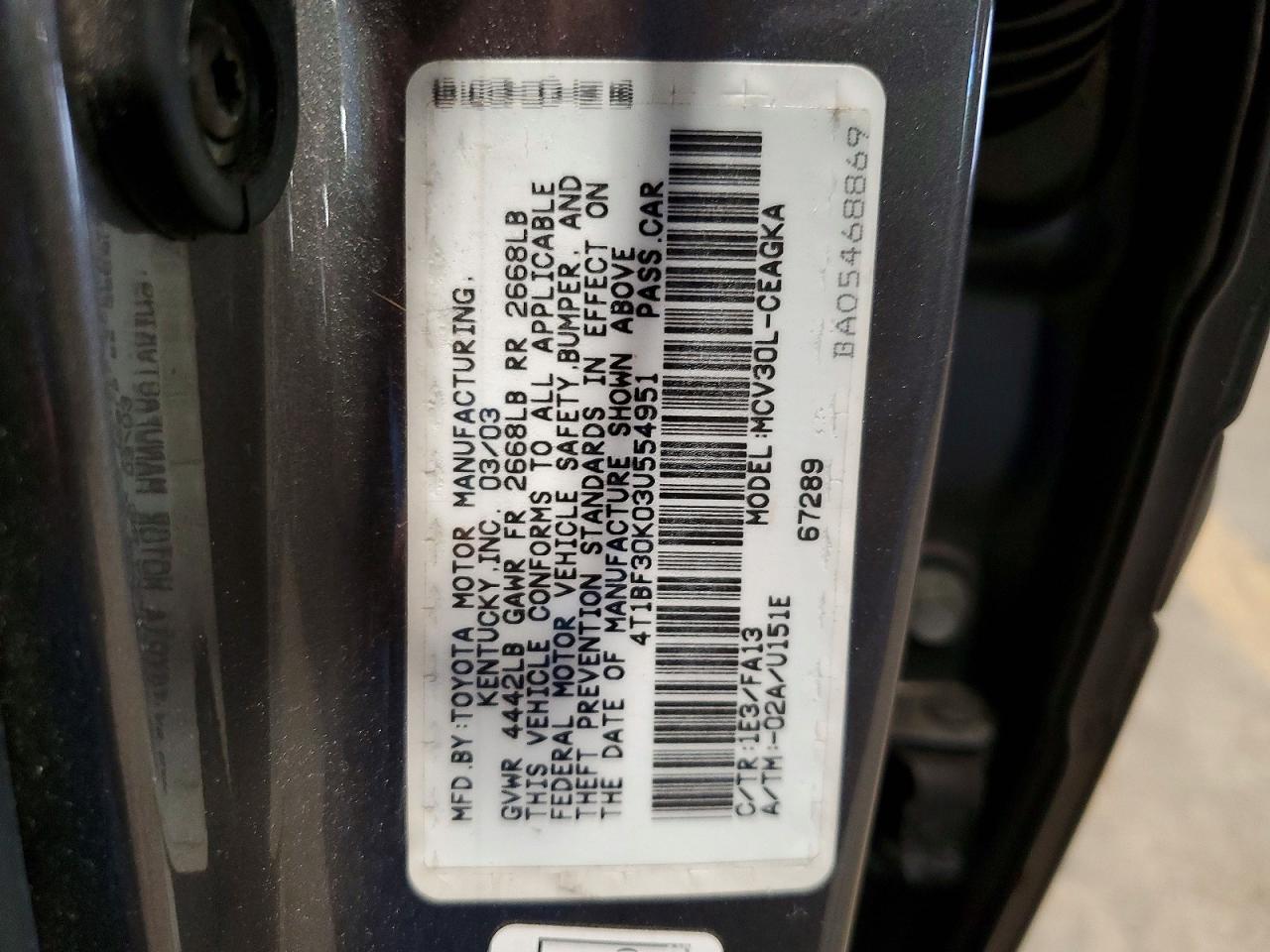 2003 Toyota Camry Xle V6 Silver vin: 4T1BF30K03U554951