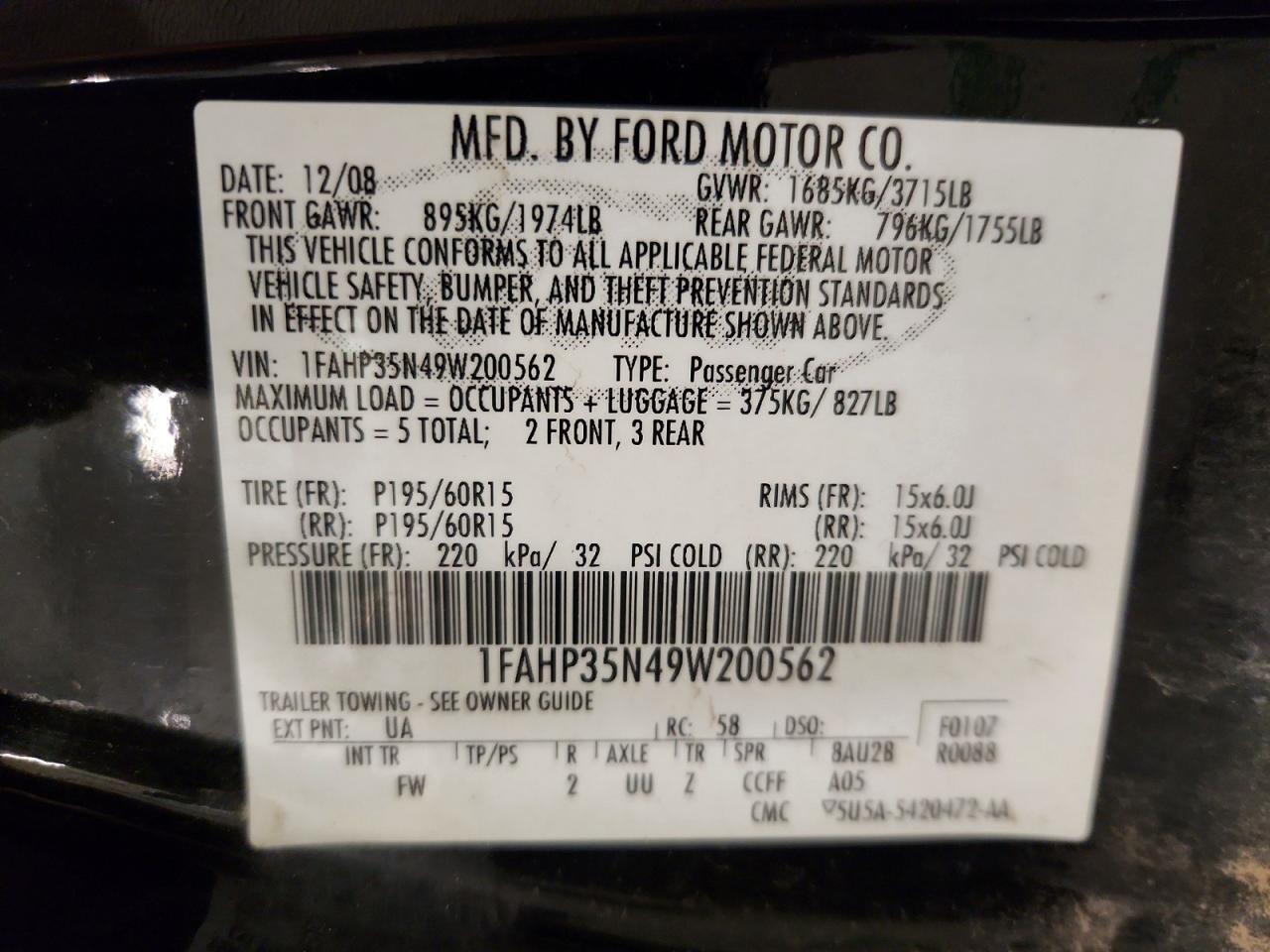 2009 Ford Focus Se Black vin: 1FAHP35N49W200562