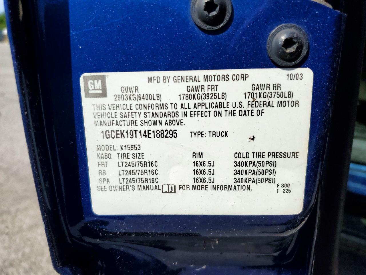 2004 Chevrolet Silverado K1500 Blue vin: 1GCEK19T14E188295