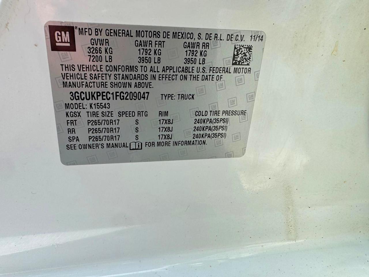 2015 Chevrolet Silverado K1500 White vin: 3GCUKPEC1FG209047