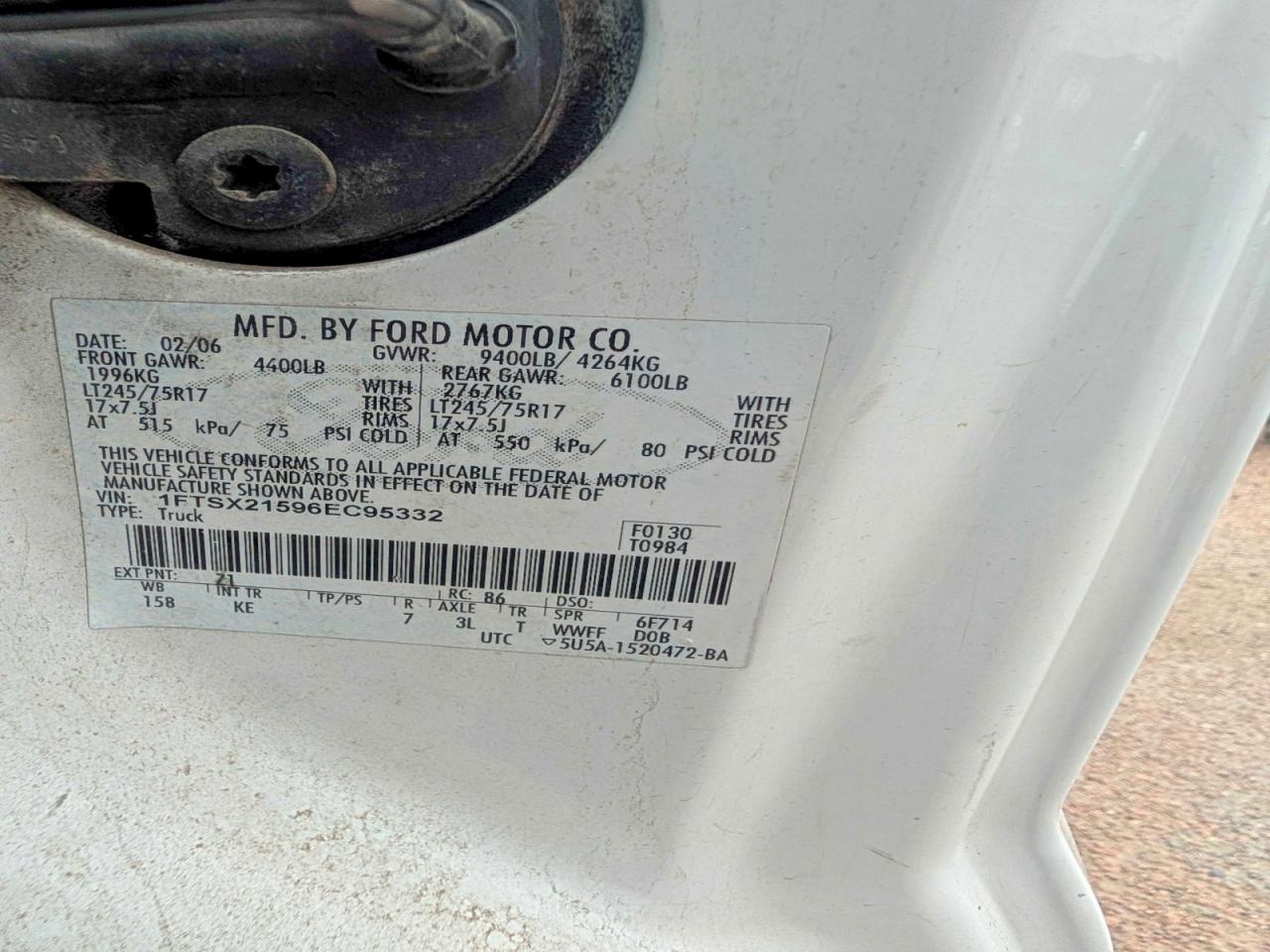 2006 Ford F250 Super Duty White vin: 1FTSX21596EC95332