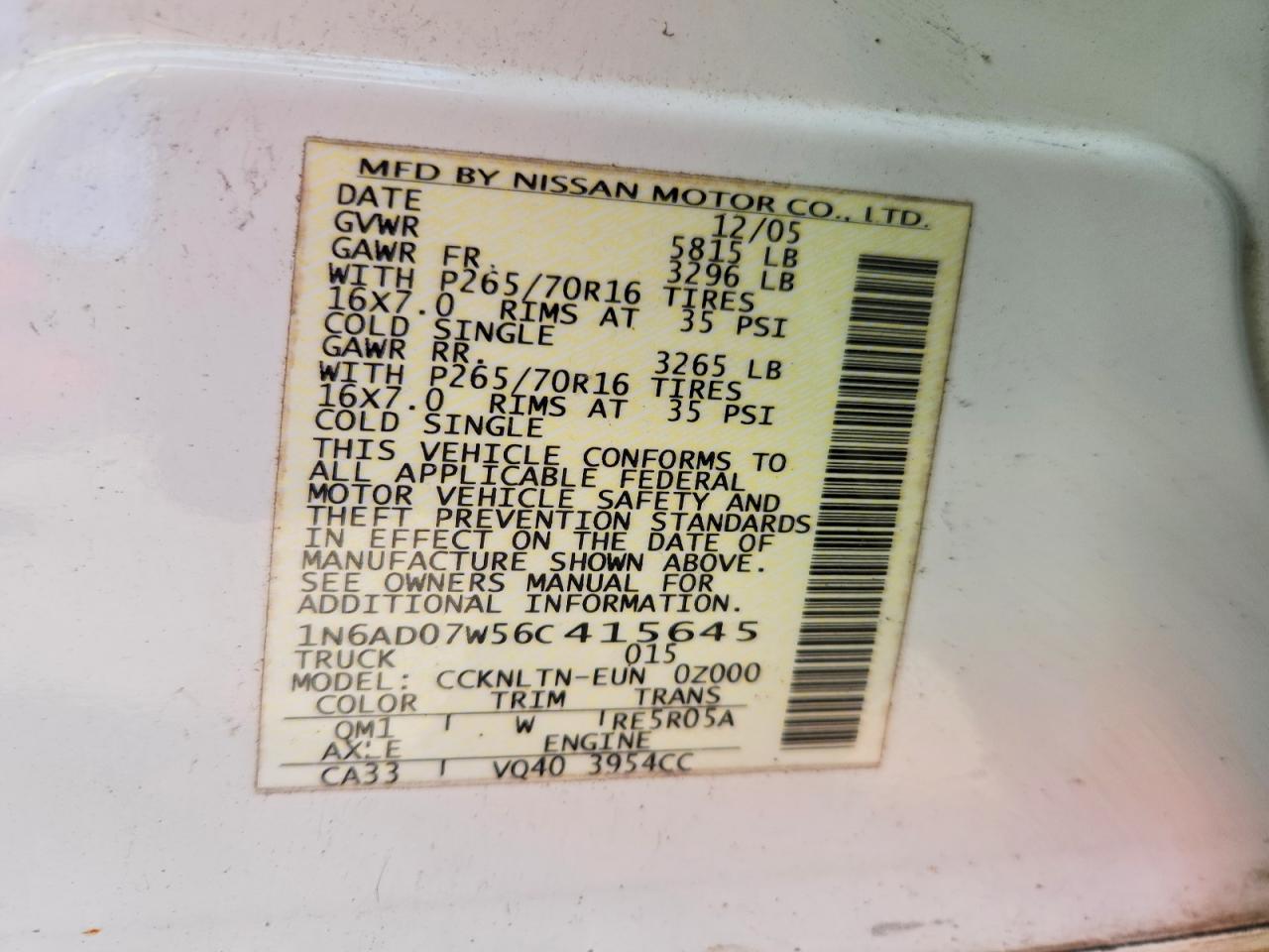 2006 Nissan Frontier Se White vin: 1N6AD07W56C415645