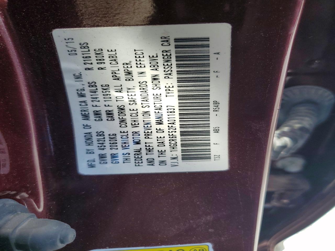 2015 Honda Accord Hybrid Exl Burgundy vin: 1HGCR6F52FA011837