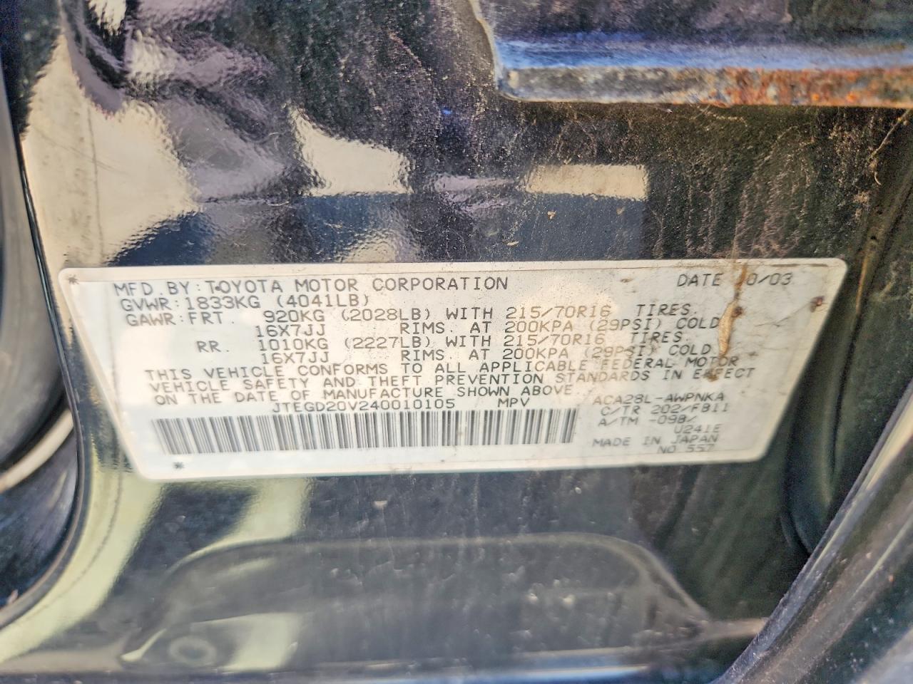 2004 Toyota Rav4 Base Black vin: JTEGD20V240010105