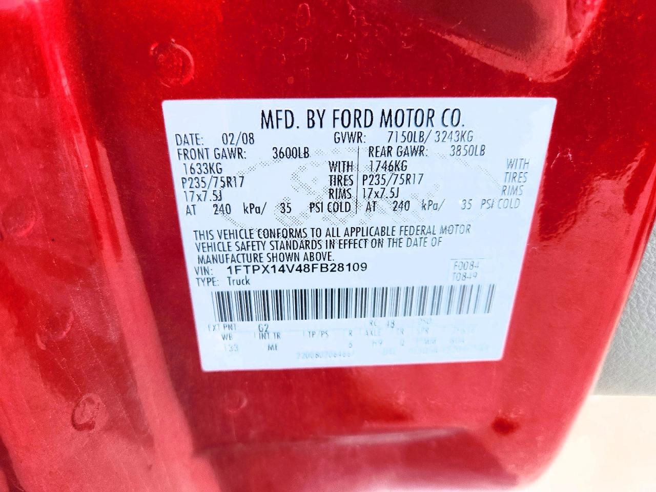 2008 Ford F150 Red vin: 1FTPX14V48FB28109