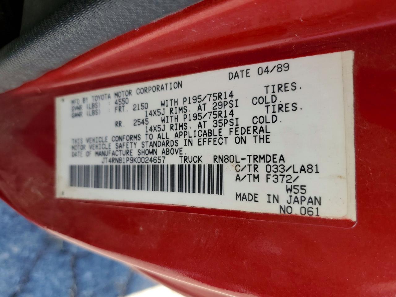 1989 Toyota Pickup Deluxe Red vin: JT4RN81P9K0024657