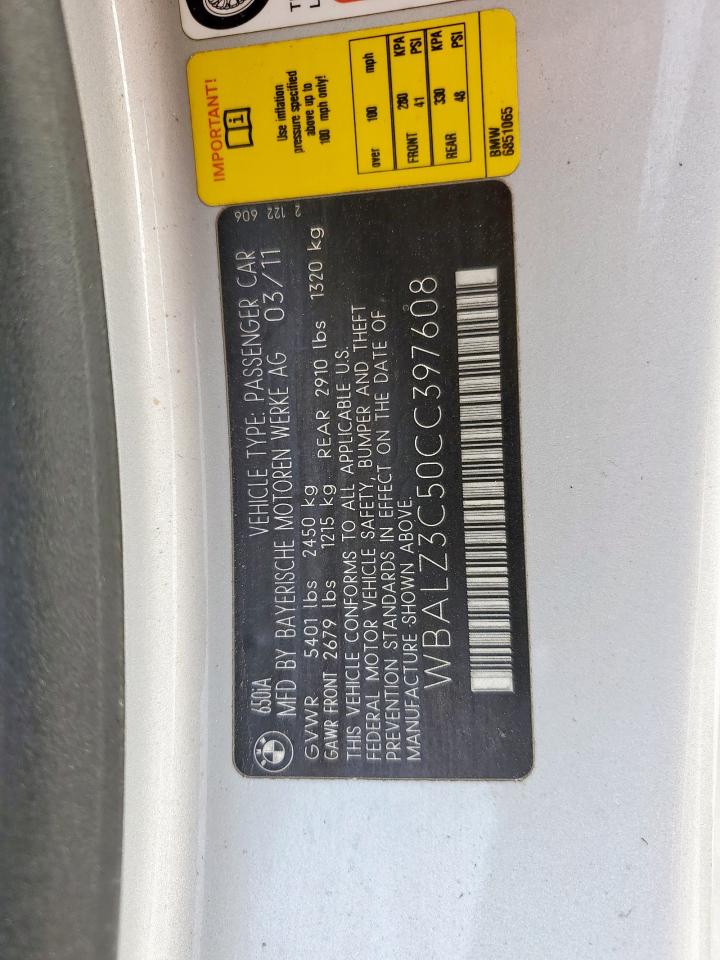 2012 Bmw 650 I Silver vin: WBALZ3C50CC397608