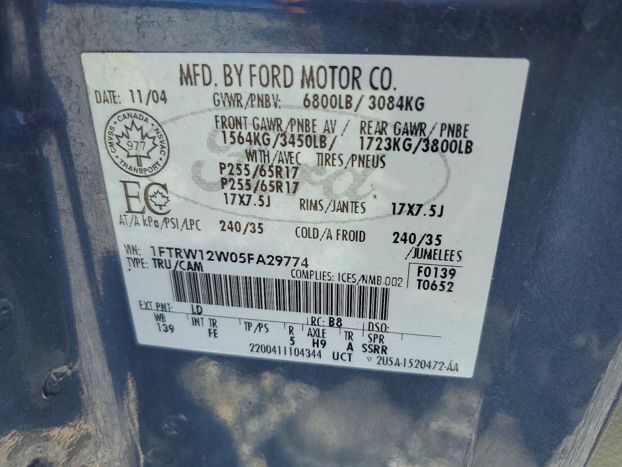 2005 Ford F150 Supercrew Blue vin: 1FTRW12W05FA29774