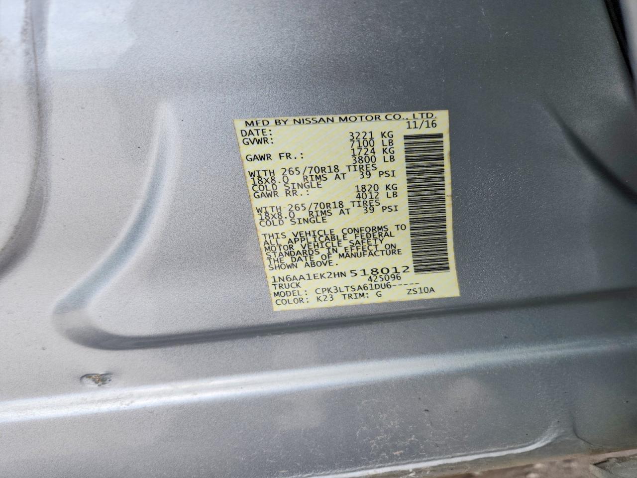 2017 Nissan Titan S Серебряный vin: 1N6AA1EK2HN518012