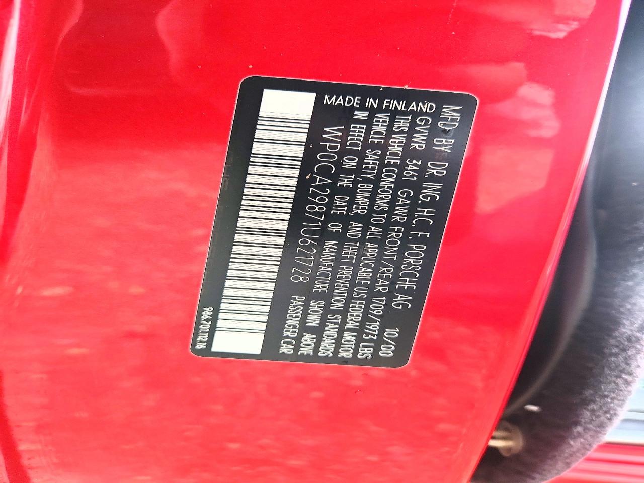 2001 Porsche Boxster Red vin: WP0CA29871U621728