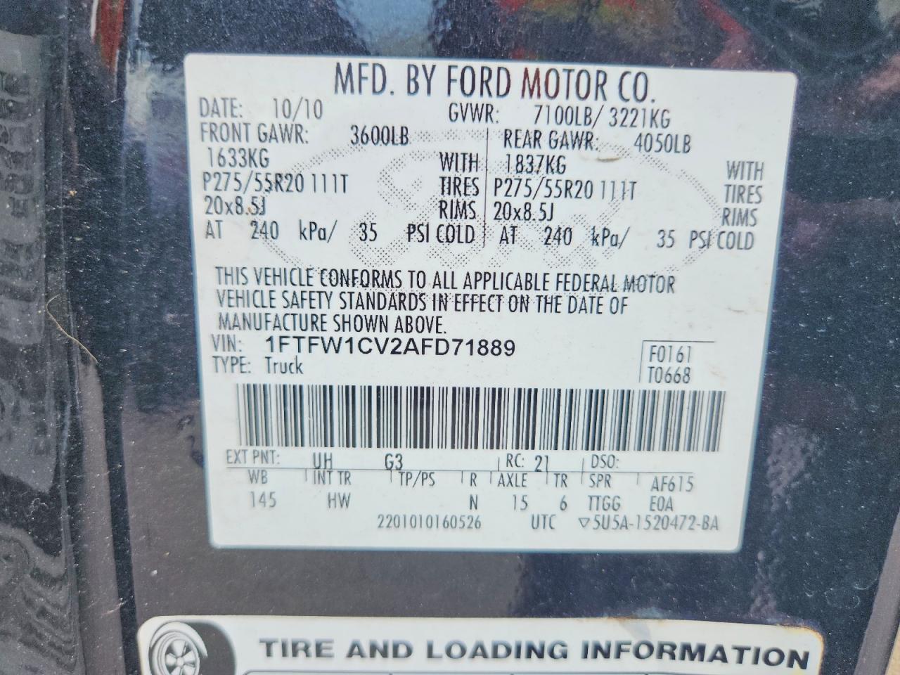 2010 Ford F150 Supercrew Black vin: 1FTFW1CV2AFD71889