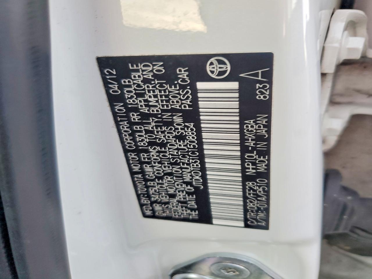 2012 Toyota Prius C Three White vin: JTDKDTB31C1508854