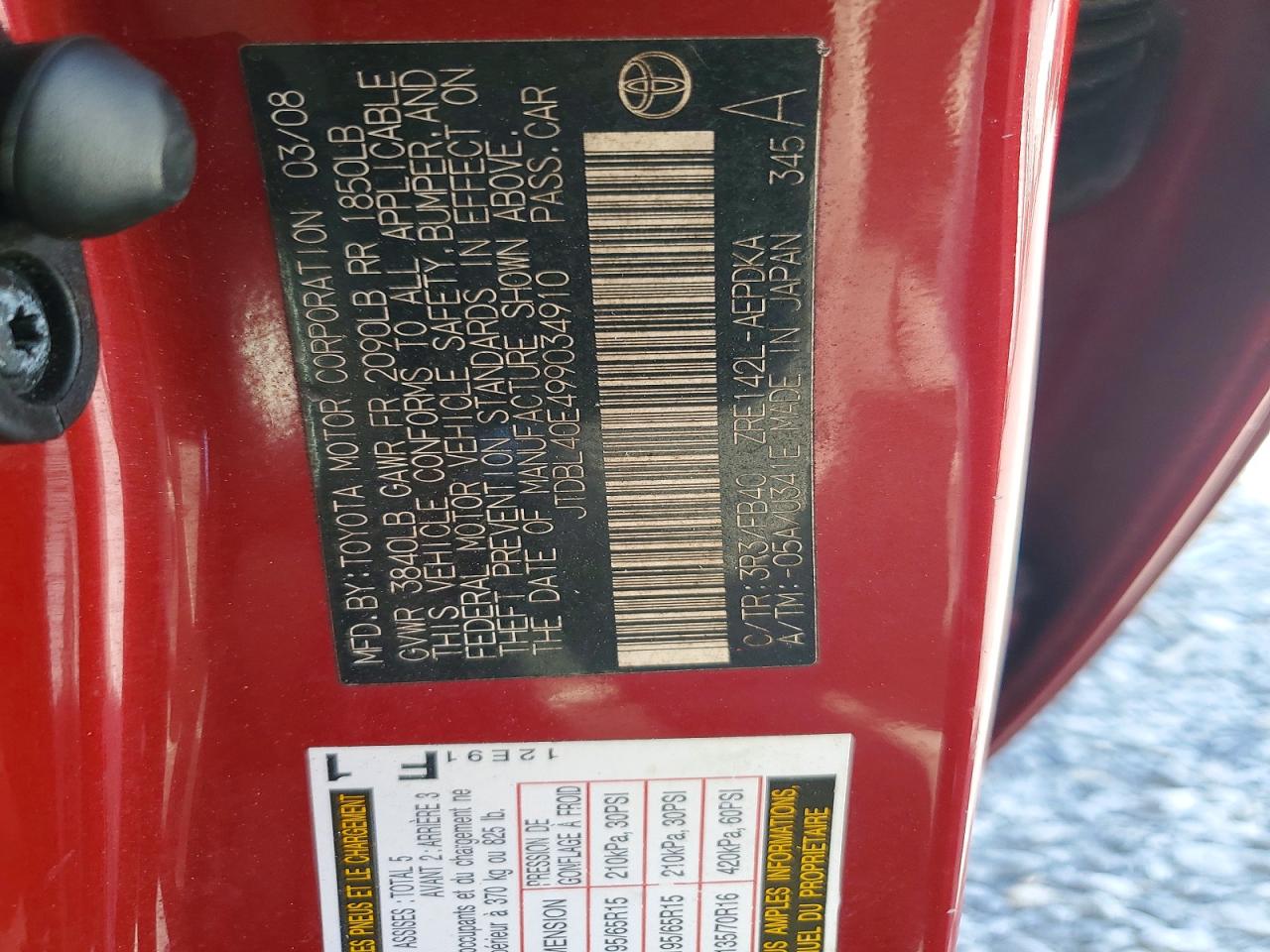 2009 Toyota Corolla Le Red vin: JTDBL40E499034910