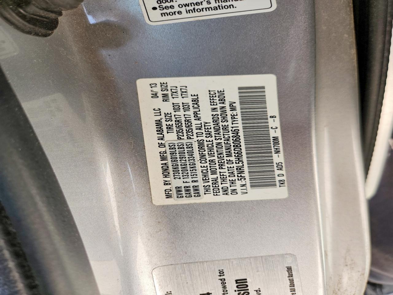 2013 Honda Odyssey Exl Silver vin: 5FNRL5H66DB068461