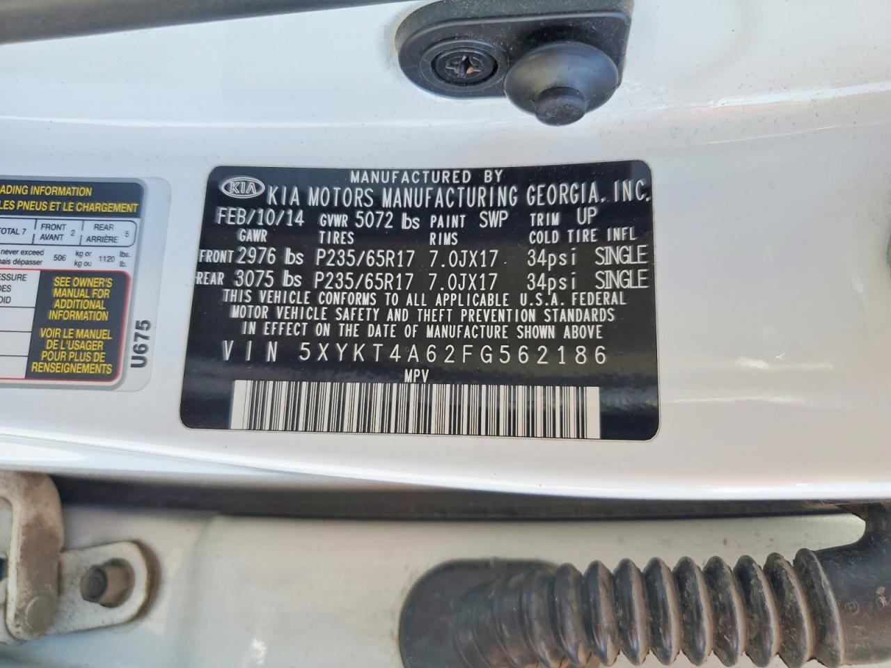 2015 Kia Sorento Lx Белый vin: 5XYKT4A62FG562186
