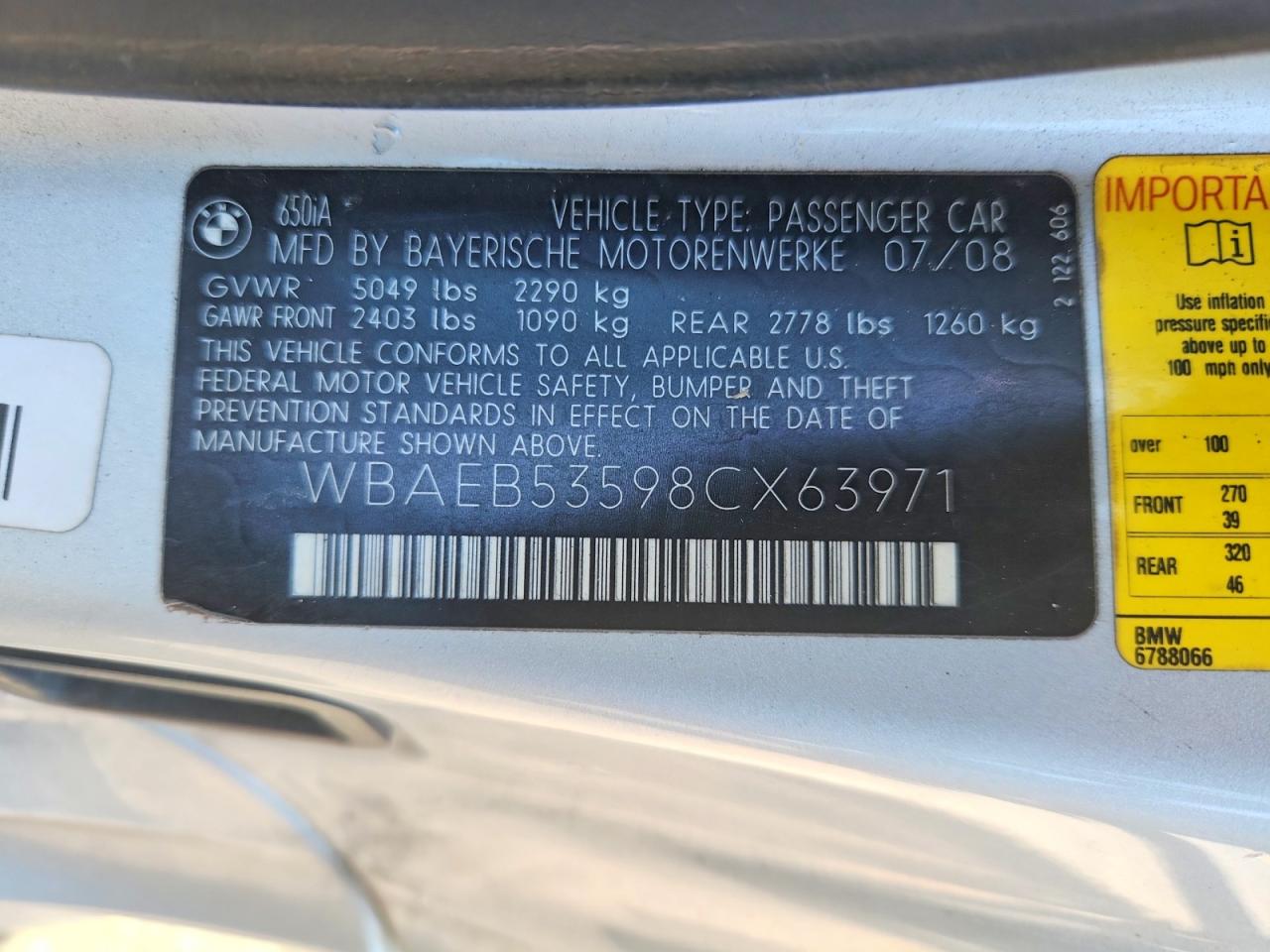 2008 Bmw 650 I Silver vin: WBAEB53598CX63971