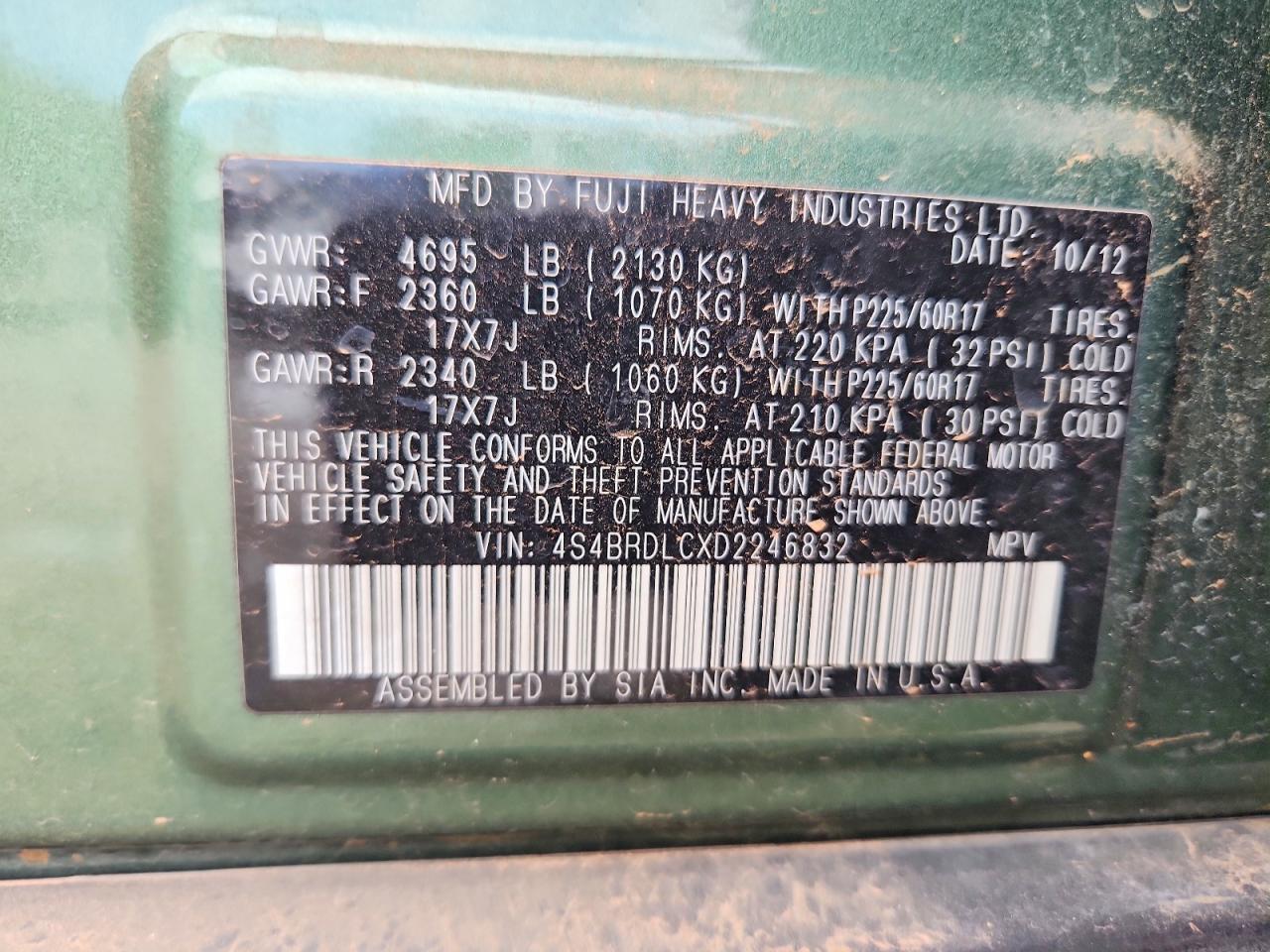 2013 Subaru Outback 3.6r Limited Green vin: 4S4BRDLCXD2246832