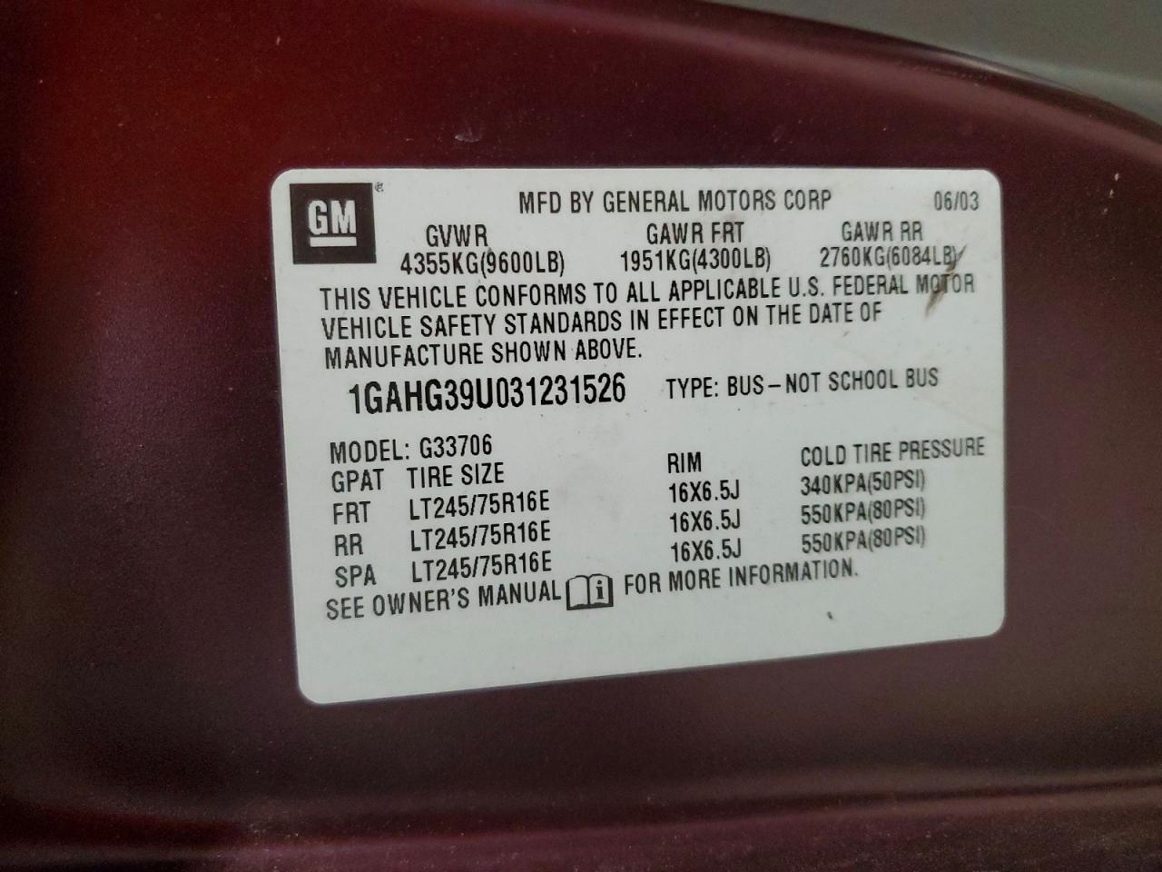 2003 Chevrolet Express G3500 Red vin: 1GAHG39U031231526