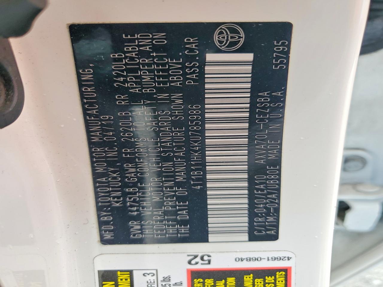 2019 Toyota Camry Se White vin: 4T1B11HK4KU785986