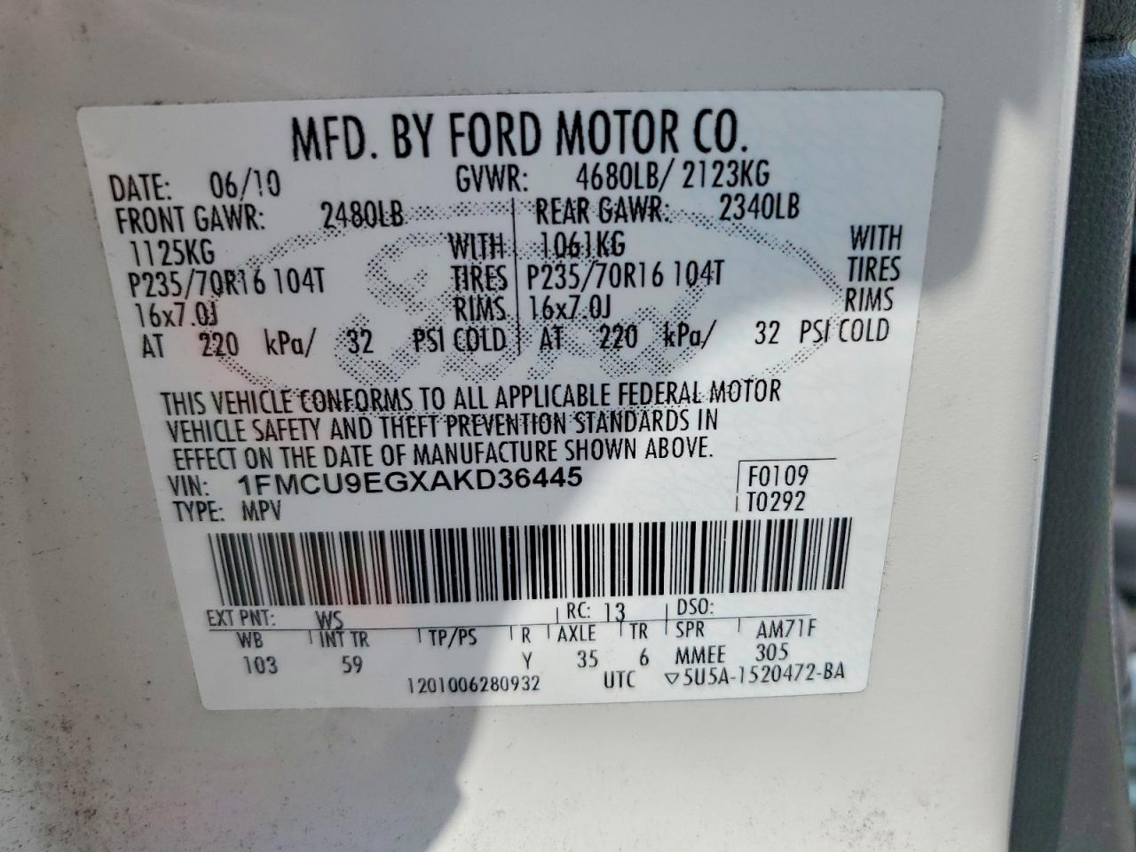 2010 Ford Escape Limited White vin: 1FMCU9EGXAKD36445