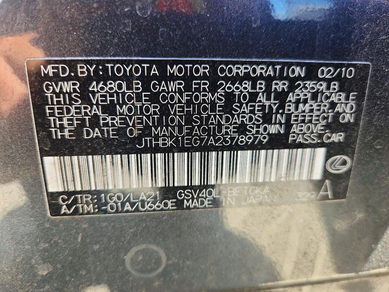 2010 Lexus Es 350 Gray vin: JTHBK1EG7A2378979