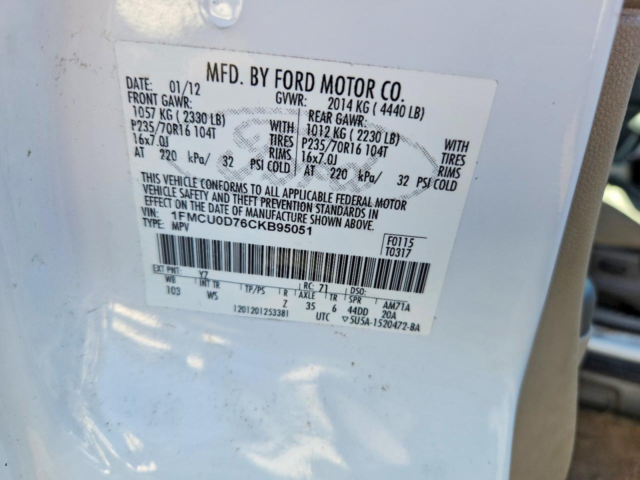 2012 Ford Escape Xlt White vin: 1FMCU0D76CKB95051